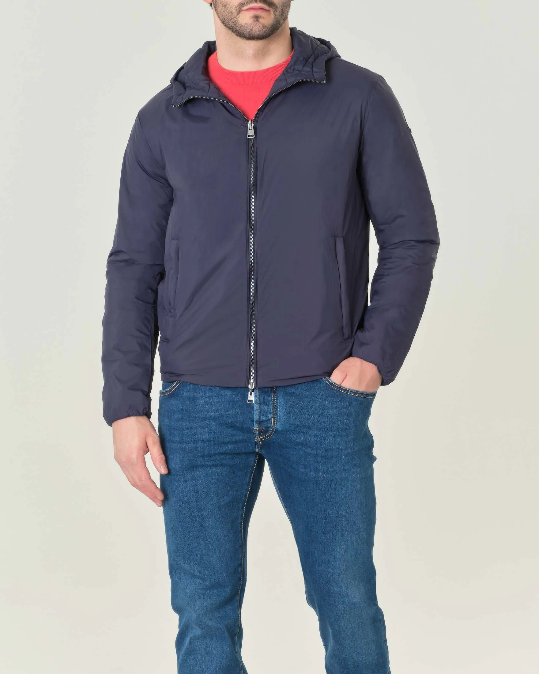 Giubbino Aron blu in nylon liscio reversibile in trapuntatura a rombi con cappuccio