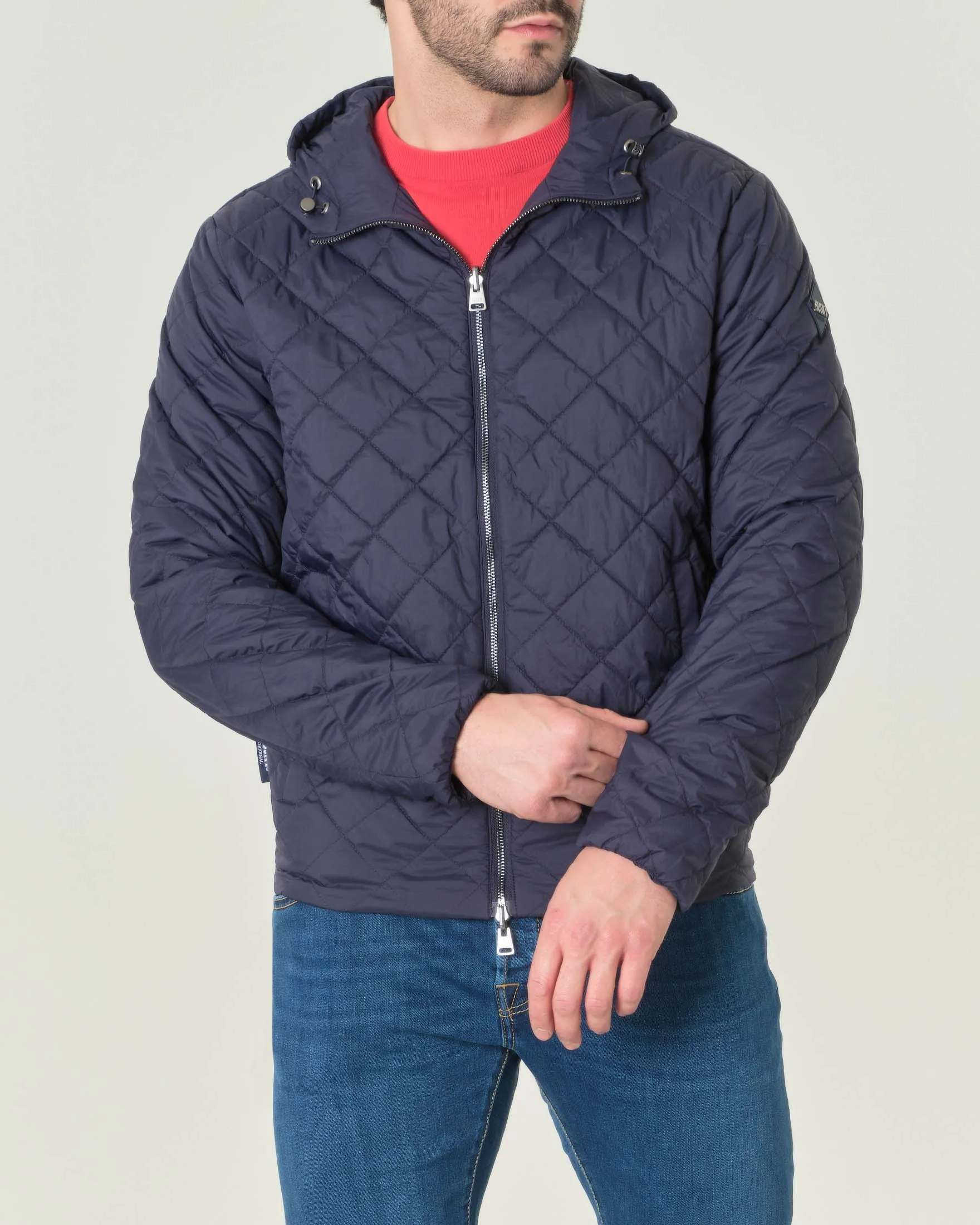 Giubbino Aron blu in nylon liscio reversibile in trapuntatura a rombi con cappuccio