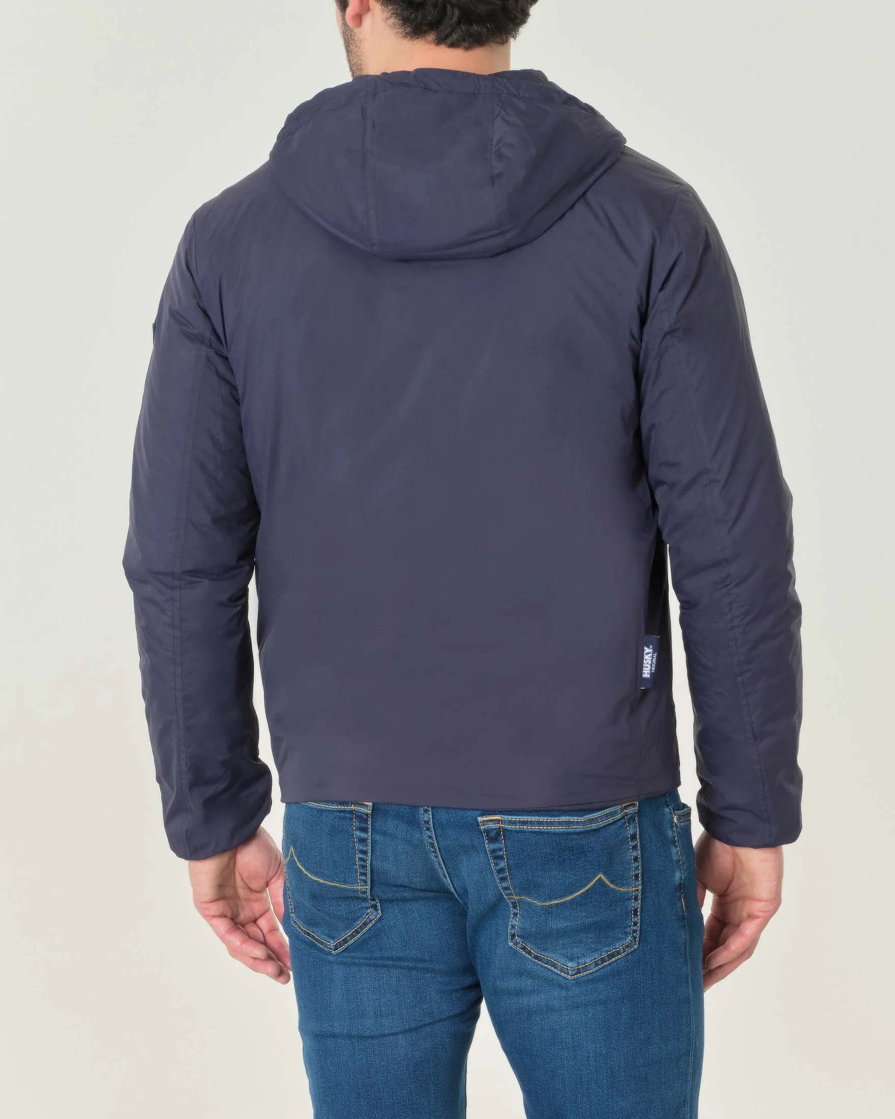 Giubbino Aron blu in nylon liscio reversibile in trapuntatura a rombi con cappuccio